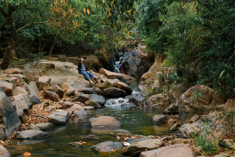 Person sitting on rocks by a tranquil stream in lush greenery. Perfect for relaxation and nature themes.