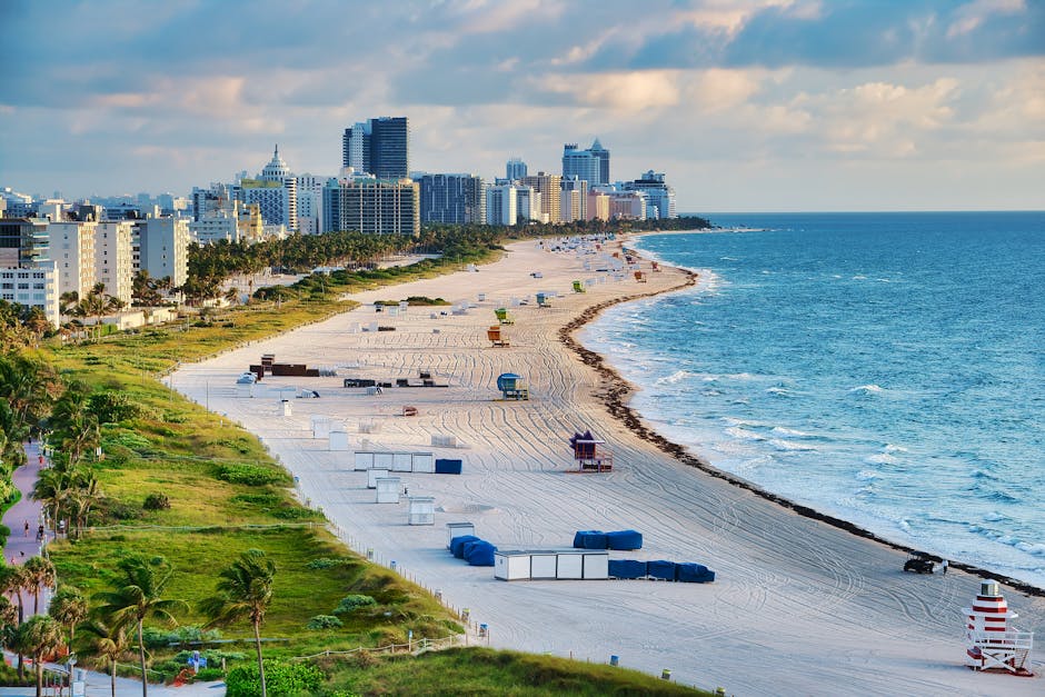 Aerial photo of Miami Beach with skyline and ocean, showcasing a vibrant summer cityscape.