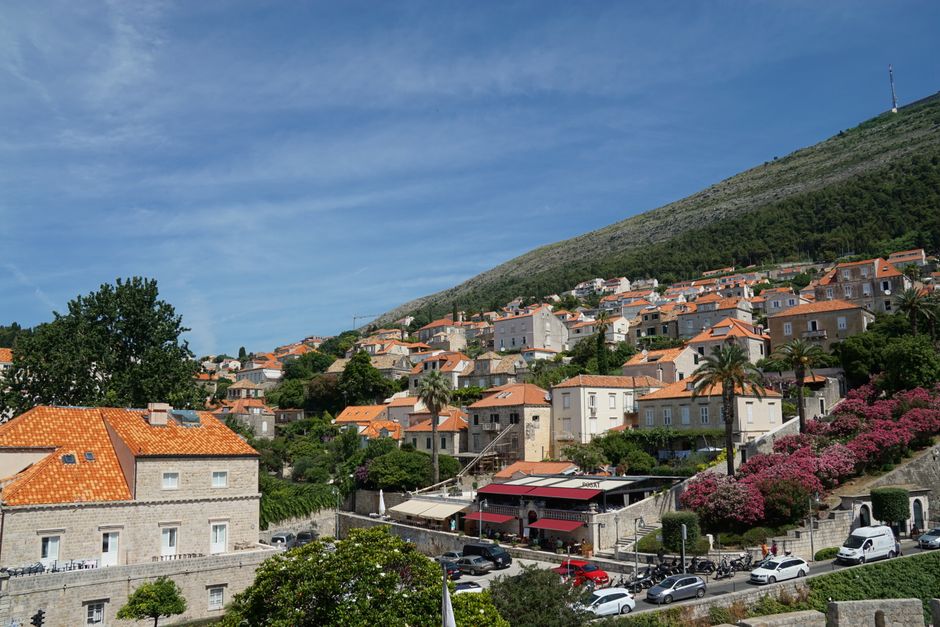 Charming hillside view of orange-roofed buildings in Dubrovnik, Croatia under a clear blue sky.