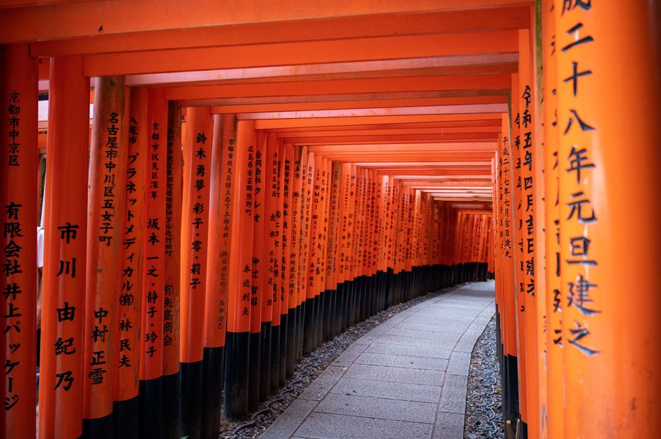 Explore the iconic orange torii gates at the Fushimi Inari Shrine in Kyoto, Japan.