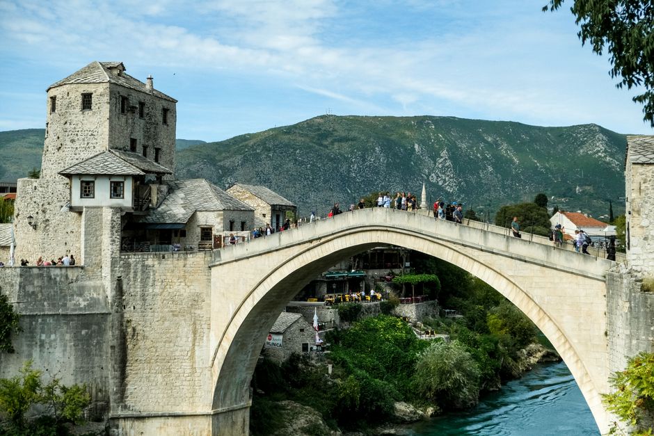 Stari Most, an iconic Ottoman arch bridge in Mostar, Bosnia, over the Neretva River.