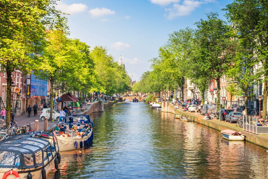 Vibrant Amsterdam canal view with boats and lush greenery under a clear blue sky, perfect for travel insights.